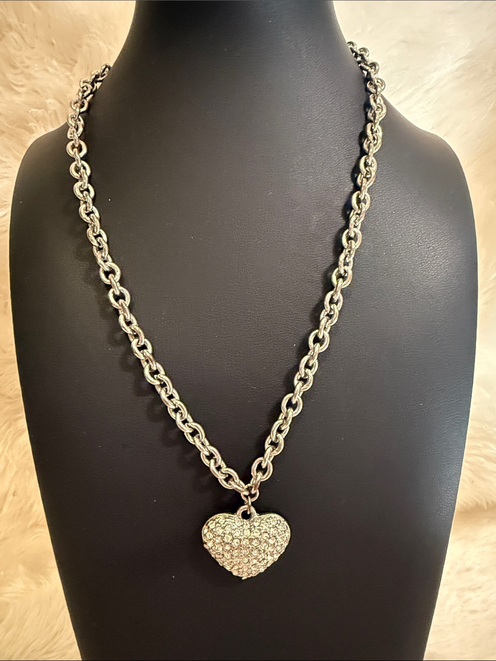 Gwen Silver Tone Rhinestone Heart Pendant Necklace Signed Adjustable